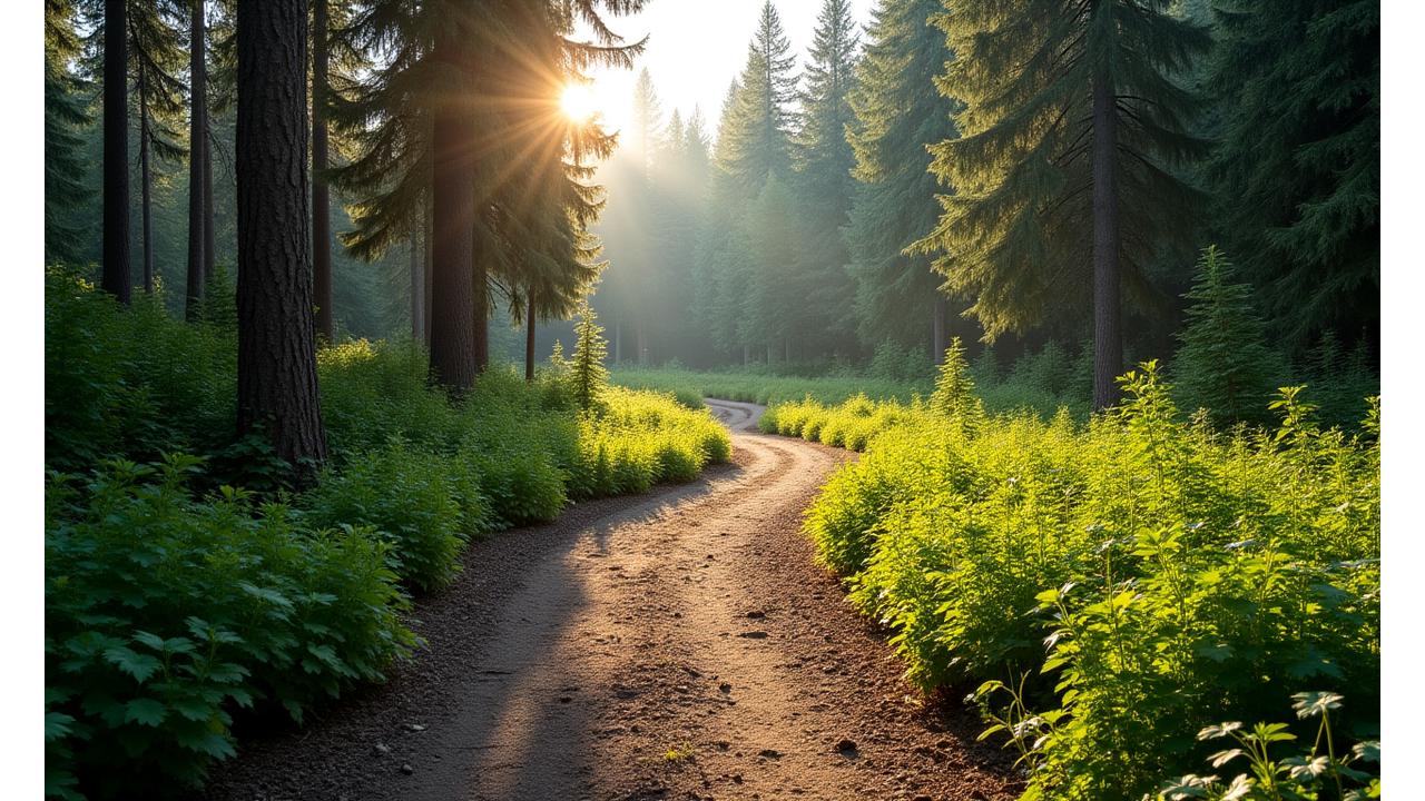 Panoramic view of a meticulously designed natural trail winding through a lush, verdant Idaho forest with dappled sunlight, symbolizing sustainable land stewardship.