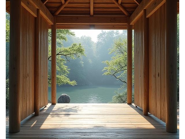 A peaceful outdoor meditation pavilion constructed with natural wood, overlooking a tranquil pond.