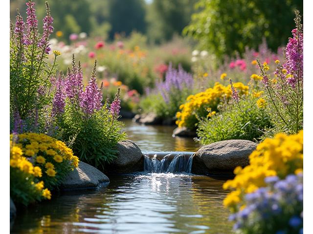 A vibrant sensory garden with diverse native plants, water features, and textured pathways.