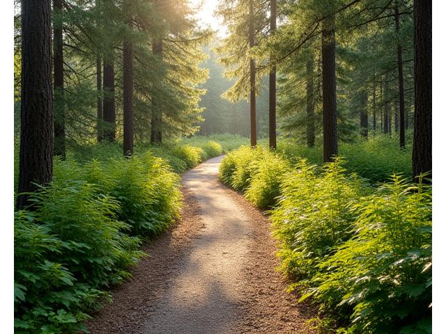 Serene biophilic trail winding through a natural landscape, designed for meditative walking with integrated rest points.