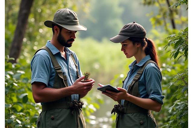 Two conservation scientists analyzing soil samples in a vibrant wetland, illustrating ecological research and land management.