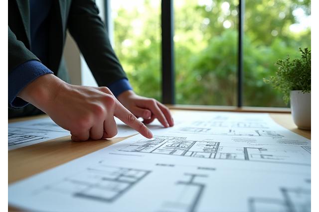 Architect reviewing sustainable design blueprints with natural light and green elements in the background, symbolizing biophilic principles.