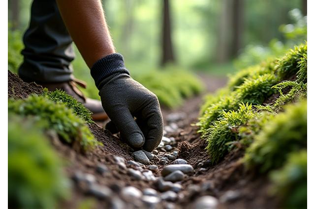 Trail builder carefully placing natural rock for a sustainable trail section in a lush forest, demonstrating hands-on expertise.