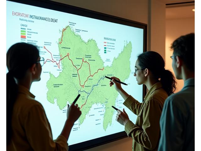 Diverse group of environmental students collaborating on a shared digital whiteboard with diagrams of land management plans