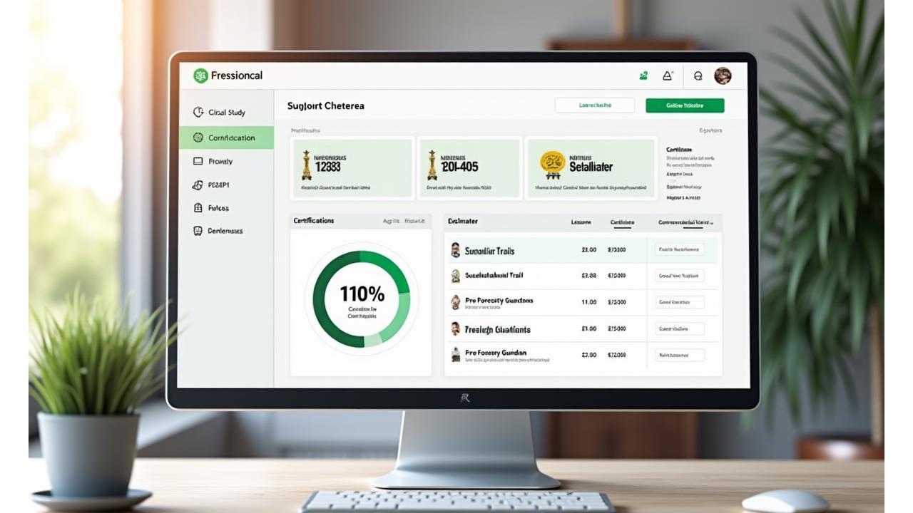 Digital learning platform dashboard showing a progress bar, earned badges, and certificates for environmental courses