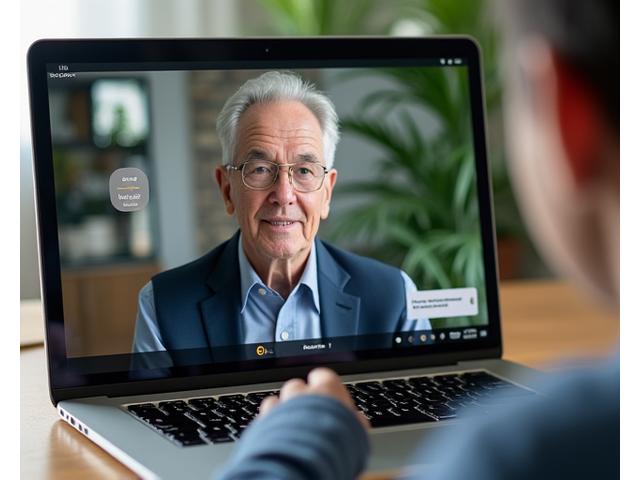 Video call interface showing a smiling environmental expert speaking to a student, with on-screen transcription