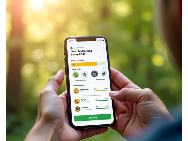 Mobile phone screen displaying a gamified learning dashboard with points, badges, and progress bars for environmental education