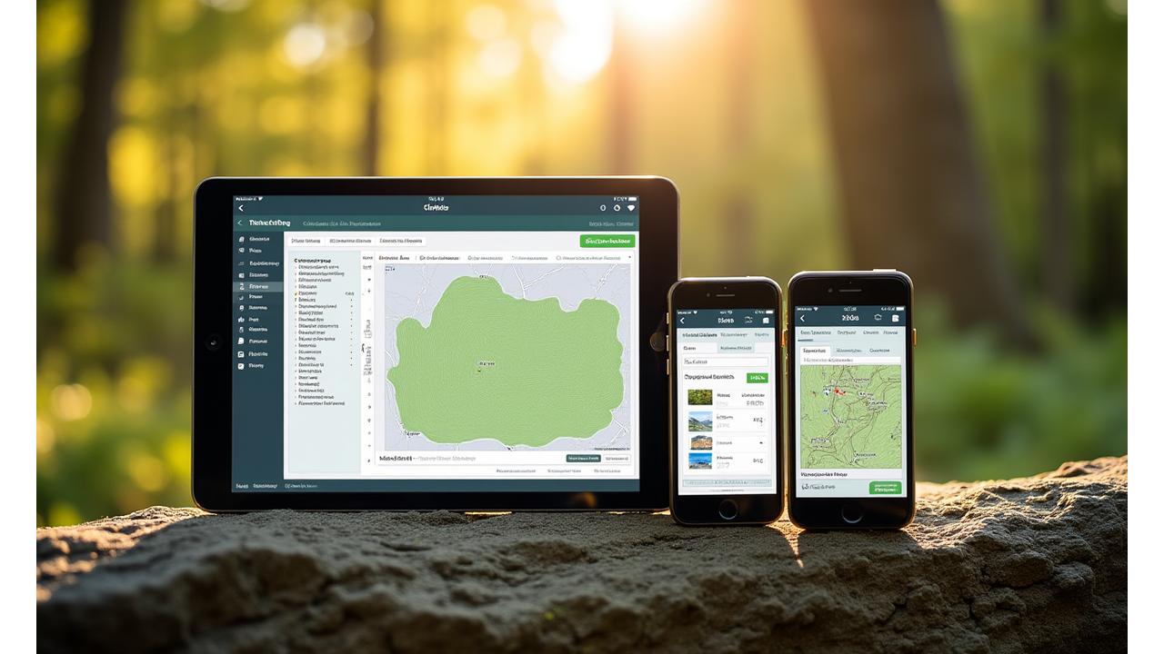 Various mobile devices (smartphone, tablet) displaying the XervanDolium platform interface in a natural outdoor setting, emphasizing portability and access.
