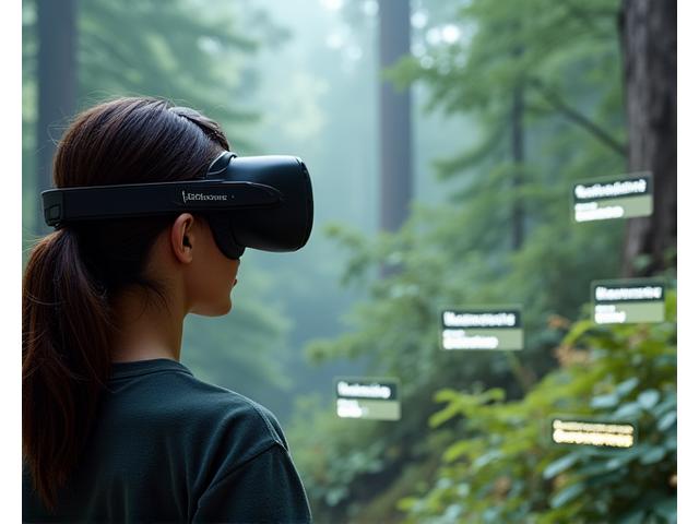 Student wearing VR headset exploring a virtual forest environment with plant identification overlays