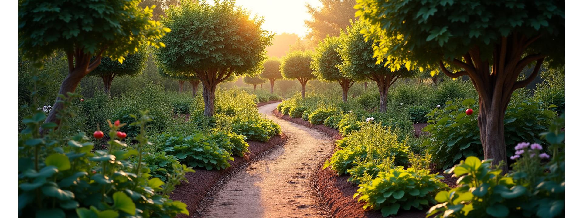 Lush edible landscape with winding naturalistic trails, sunlight filtering through fruit trees and vegetable beds, showcasing a balanced ecosystem.