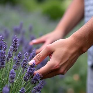 Hands gently brushing fragrant lavender and rosemary along a garden path, evoking a rich sensory experience.