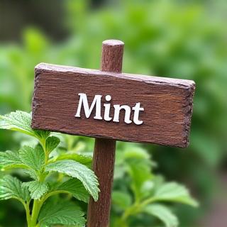 A rustic, elegant wooden sign identifying different herbs in an herb garden, suggesting an educational element.