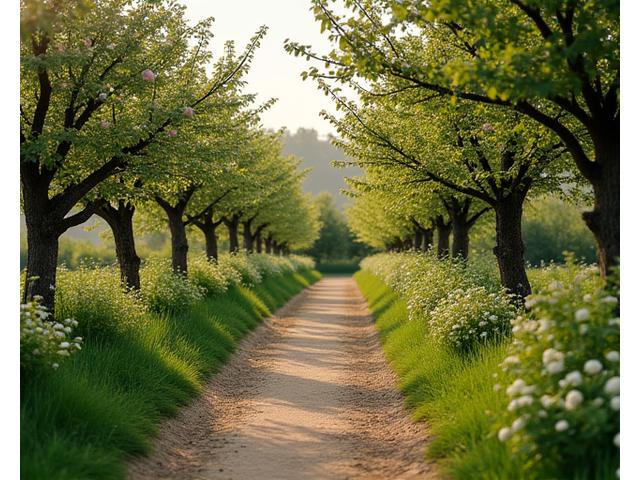 Graceful fruit trees lining a meandering trail, blossoms in spring, ripe fruit in summer, and rich fall foliage, illustrating year-round beauty.