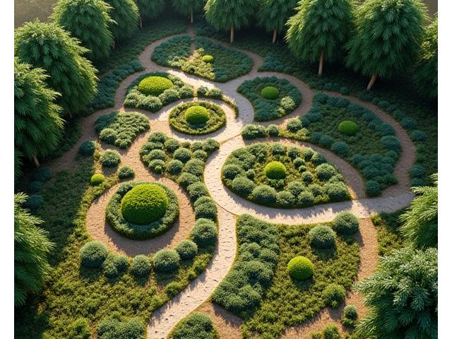 An aerial view of a meticulously designed permaculture system, showing water paths, concentric garden beds, and trails blending seamlessly.