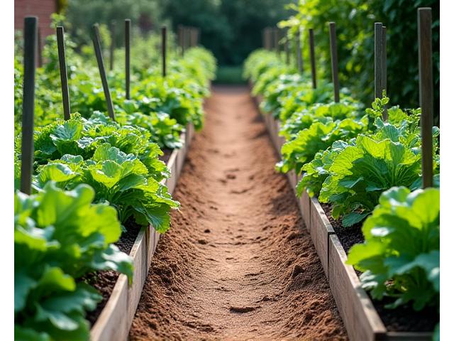Neatly arranged raised vegetable garden beds with accessible, inviting walking paths weaving through them.