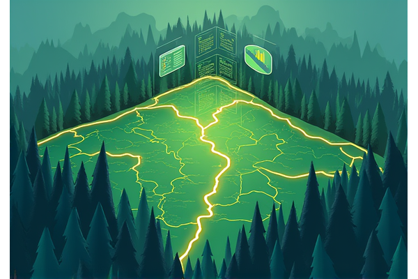 Conceptual illustration of a property map with trail overlays and data points, representing trail planning and cost calculation.
