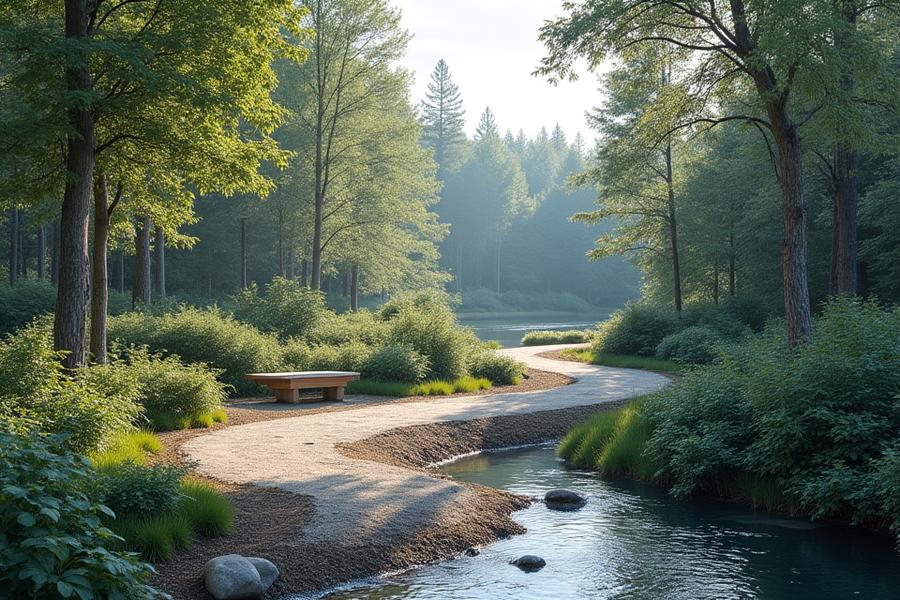 A tranquil retreat space in rural Idaho with a circular zen garden, a winding meditation path, and natural wood benches, surrounded by lush native foliage.