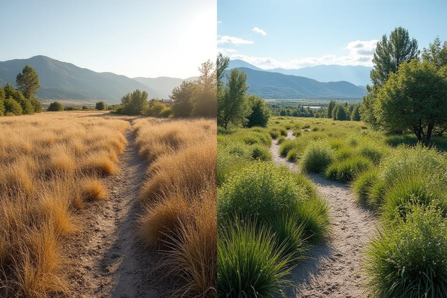 Before and after comparison of a rural Idaho property, showing a barren field transformed into a thriving native plant landscape with new trails.
