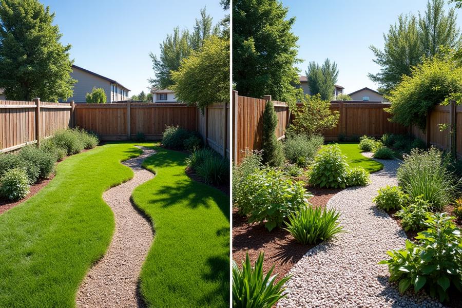 Before and after of a small urban Boise backyard, showing a traditional lawn transformed into a vibrant edible trail system with raised beds and fruit trees.