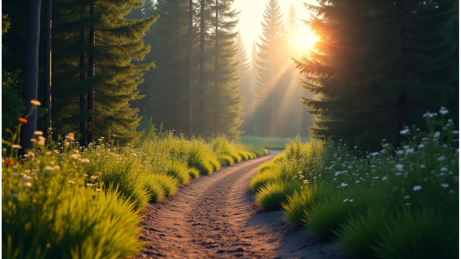 Panoramic view of a meticulously designed naturalistic trail winding through a lush, vibrant green Idaho forested property at golden hour, bathed in soft, warm light.