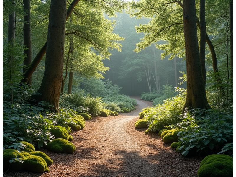Serene biophilic trail leading to a hidden meditation space in a private forest, demonstrating outdoor wellness design principles.