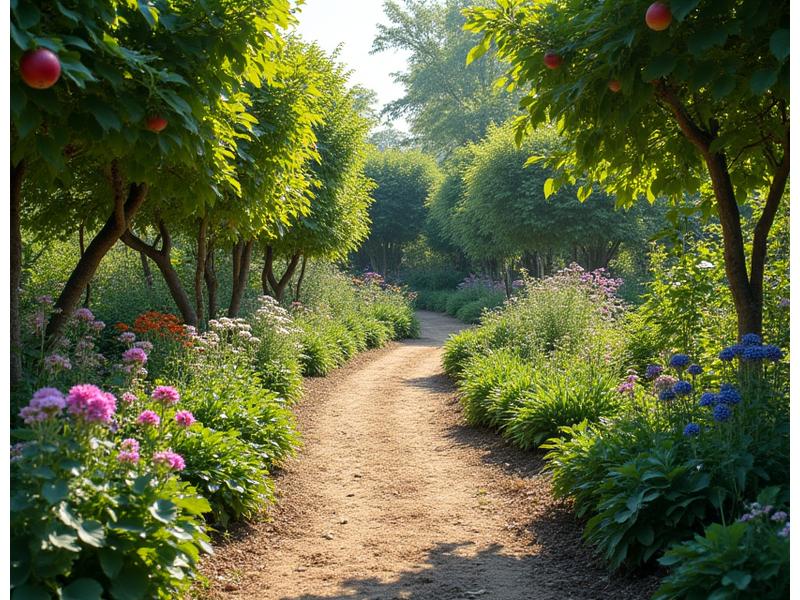 Lush edible landscape garden with a winding pathway, featuring various fruit trees, berry bushes, and herbs, integrated gracefully into a suburban backyard.