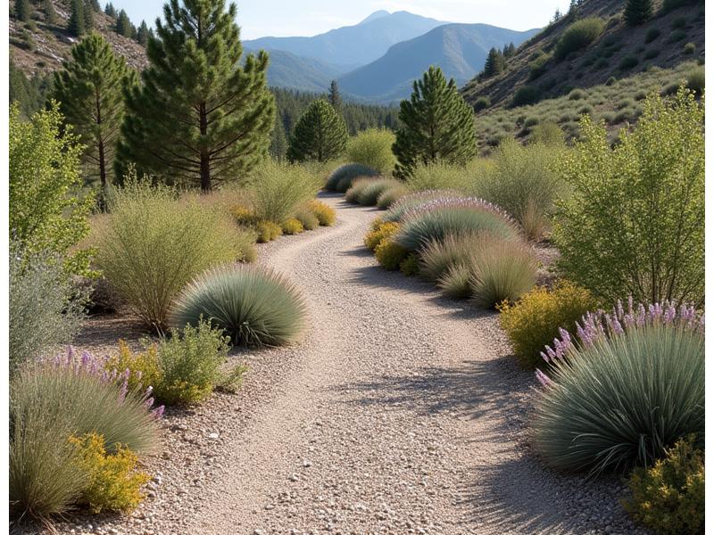 A low-maintenance gravel pathway winding through a drought-tolerant native plant garden in an Idaho landscape, showcasing sustainable and easy-care design.