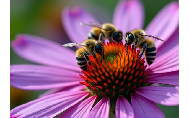 Close-up of busy bees pollinating echinacea wildflowers, representing pollinator corridor development in Idaho