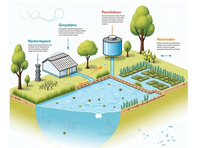 Diagram illustrating an integrated water management system, showing rainwater harvesting, greywater reuse, and permeable landscaping