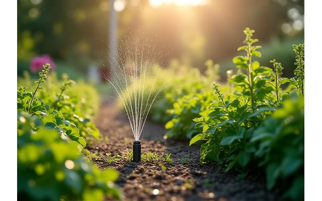 Smart irrigation system controllers visible in a garden alongside mulched beds, symbolizing automated maintenance.