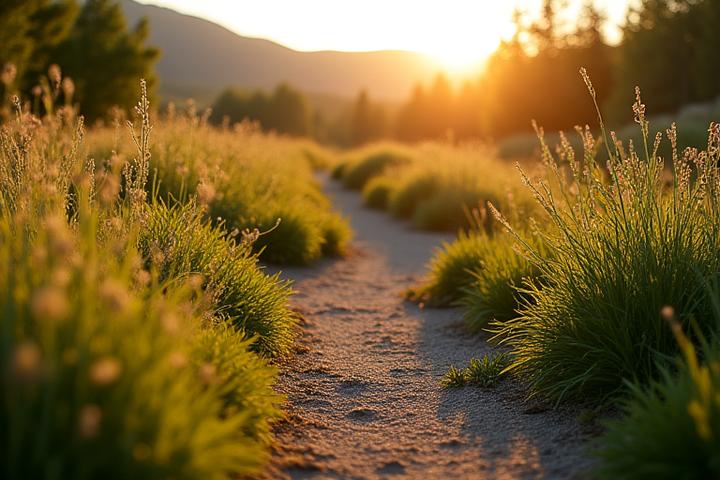 A serene, well-maintained natural trail winding through a property, illustrating minimal upkeep and natural beauty.
