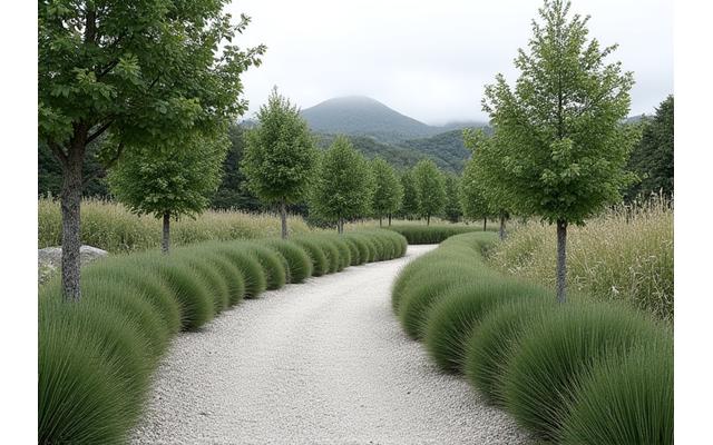 A minimalist trail winding through a natural setting, showcasing clean lines and strategic plant placement for visual impact.