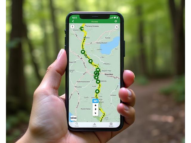 A smartphone display showing a clear digital map of a complex trail system with highlighted routes and points of interest, held in a hand against a blurred nature background.