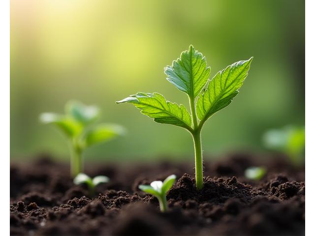 Various small, discreet smart environmental sensors placed around a healthy plant in a natural setting, illustrating data collection for soil and air quality.