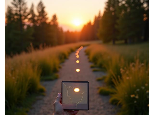 Panoramic view of a modern natural trail with subtle, integrated smart technology elements like sleek, low-profile pathway lights and a digital map interface showing the trail layout on a tablet.