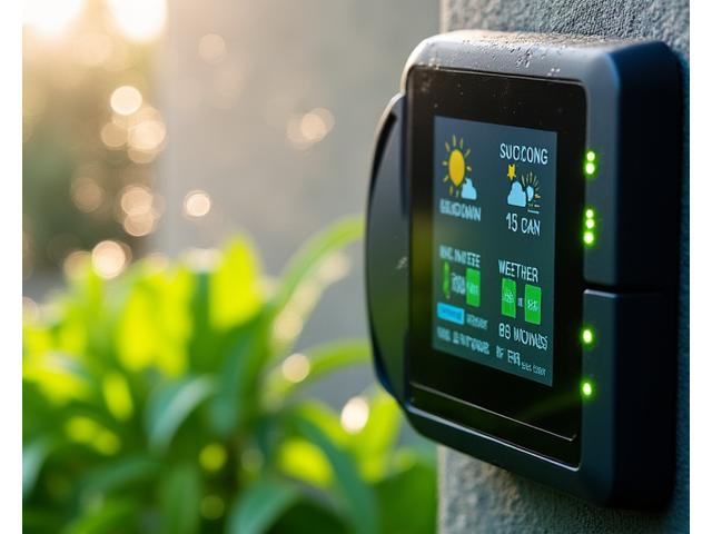 Close-up of a modern smart irrigation control panel displaying weather data and watering schedules, with lush green foliage out of focus in the background.