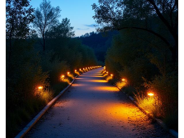 A beautifully illuminated natural trail at dusk, with subtle, warm LED lights integrated along the path, creating a safe and inviting ambiance.