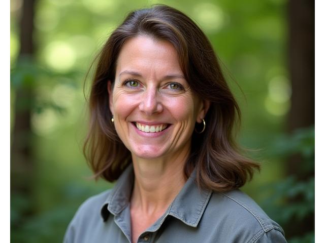 Portrait of Dr. Elara Vance, smiling, with a lush forest background