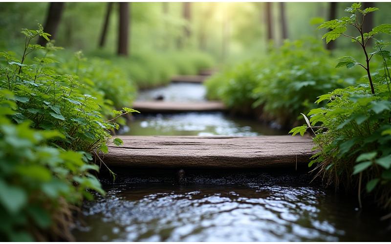 Detail view of a small natural bridge over a creek on the Creekside Revitalization Path