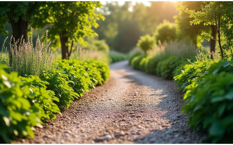 Detail view of a permeable gravel path leading through a productive homestead garden