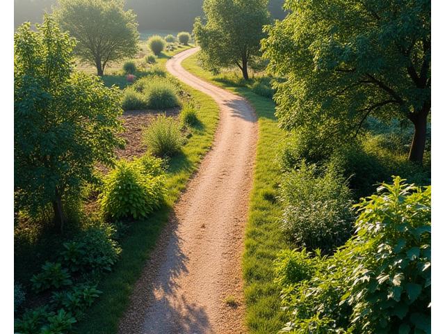 Before and after of a homestead trail connecting gardens and woodlands