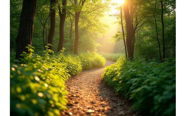 A serene, winding trail through a forest with soft light