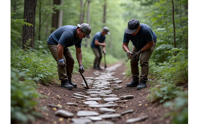 Workers carefully laying down permeable paving on a new trail