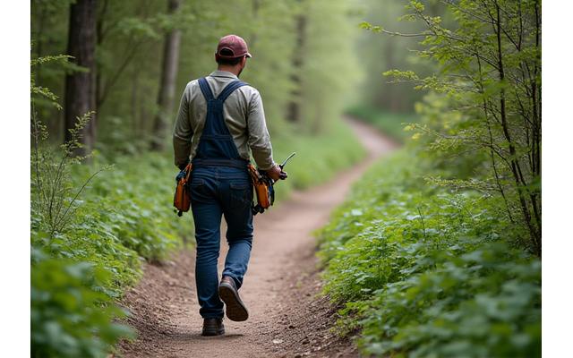 A person performing routine maintenance on a narrow trail, trimming hedges
