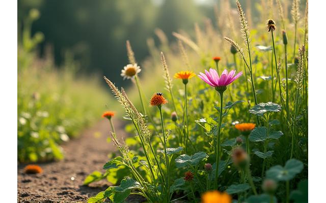 Close-up of native wildflowers blooming beside a trail