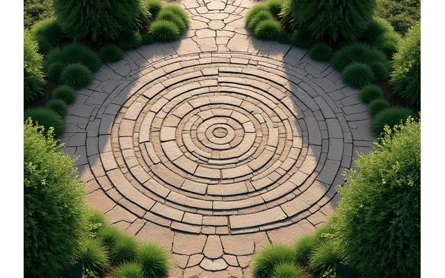 Beautifully designed walking labyrinth pathway made of natural stone, surrounded by native plants, inviting meditative movement.