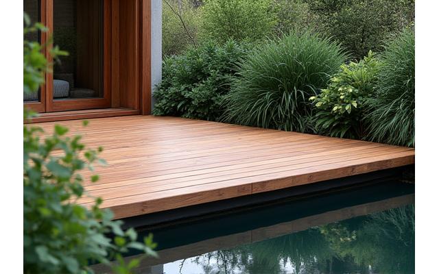 Elegant wooden meditation deck overlooking a calm pond, integrating natural elements for a peaceful setting.