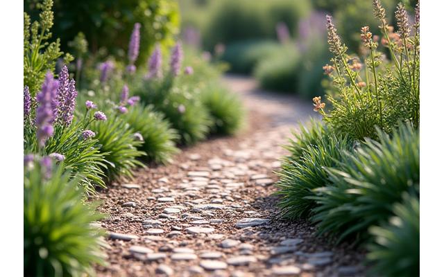Vibrant sensory garden path with diverse textures, fragrant plants, and a small water feature, designed for therapeutic engagement in Idaho.