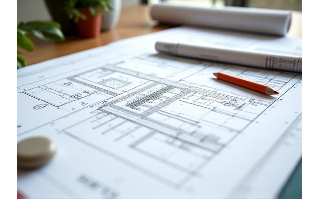 Architectural plan and conceptual sketches for an outdoor wellness space laid on a desk with design tools, symbolizing thoughtful consultation.