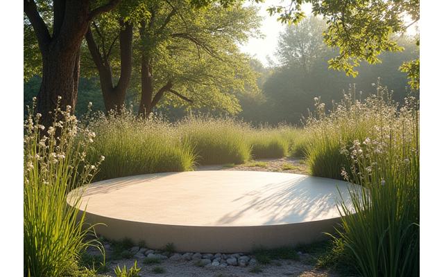 Outdoor yoga platform nestled in a natural setting, with dappled sunlight and surrounding tall grasses.